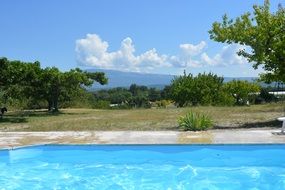 swimming pool green trees mountain view