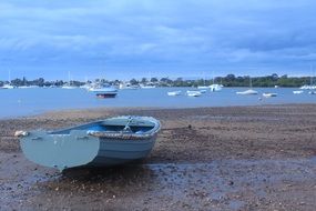 blue boat on beach in view of coastline