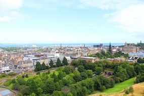 top view of old city with castle, uk, scotland, edinburgh