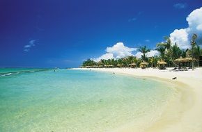 sunny beach near blue water