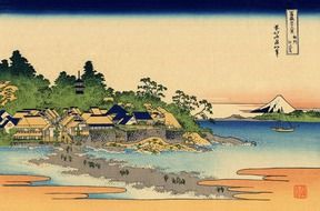 Japanese village and Mount Fuji clipart