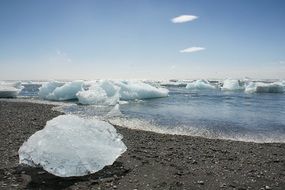 pieces of ice on beach and on water, iceland