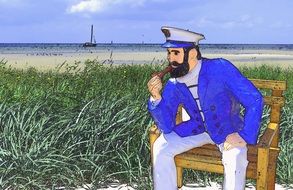 skipper in vintage uniform sits on bench on sand dune at baltic sea, digital art