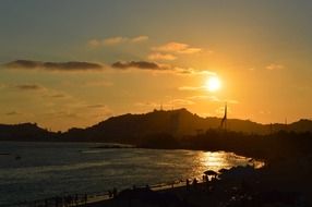 Seashore mountain sunset scene