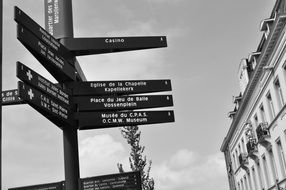 black and white photo of street signs in Brussels, Belgium