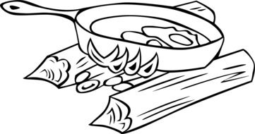 black and white drawing cooking on a fire