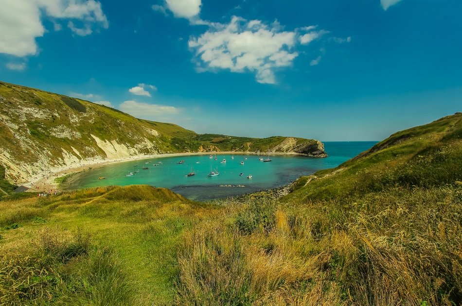 panoramic view of lulworth bay in south england