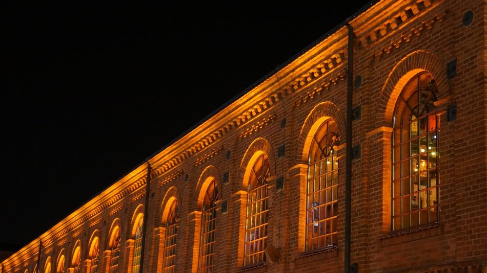 manufaktura facade at night, poland, lodz