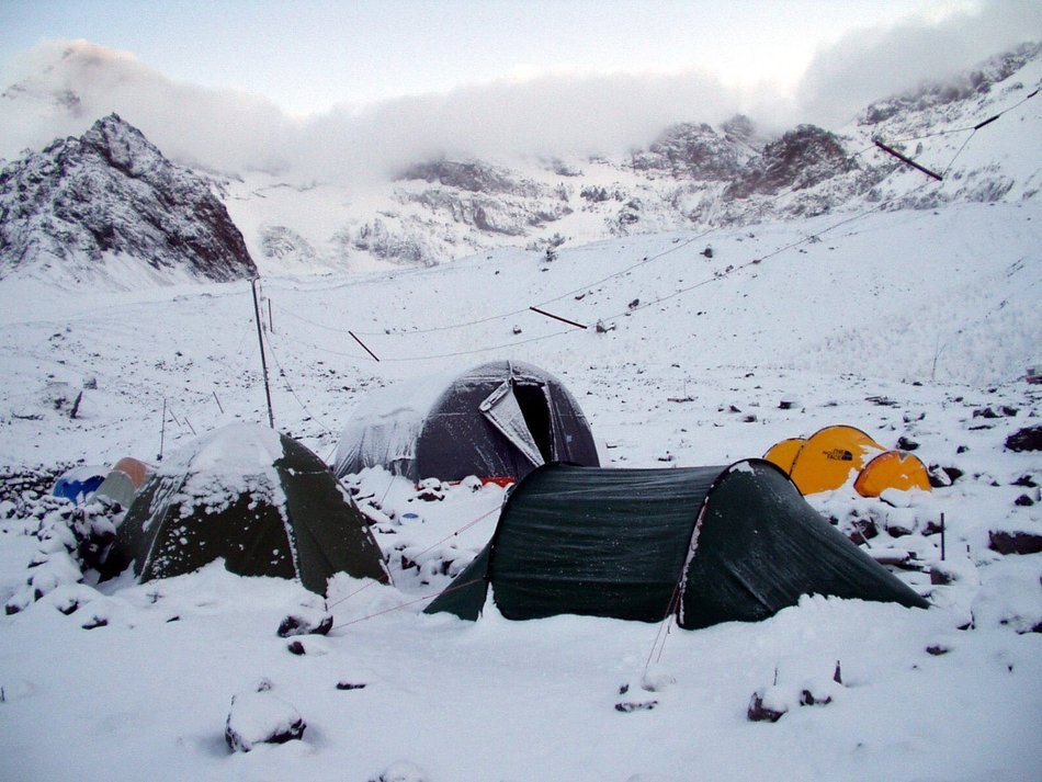 Base camp of a expedition in the snow in the mountains of Argentina