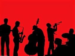 silhouette of musicians on a red background
