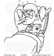 Black And White Line Drawing Of A Sick Girl With Her Teddy Bear In Bed