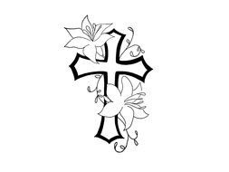 black and white picture of a cross with flowers