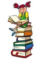 cartoon girl sitting on a stack of books