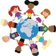 children holding hands stand around the globe