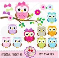 Girly Owl Cute Owls Digital Elements Set No
