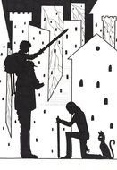 Black and white drawing of the people with the swords clipart