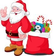 Santa Claus drawing near a bag with gifts