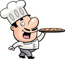 cook with pizza on a tray as a drawing
