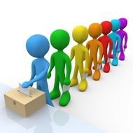 voting, render, row of colorful persons with papers in queue in front of box