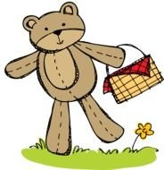 stitched teddy bear with picnic bag on lawn, drawing