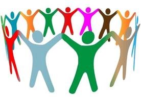 colorful abstract people standing in circle holding hands up