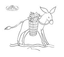 black and white picture of a donkey with baskets of flowers