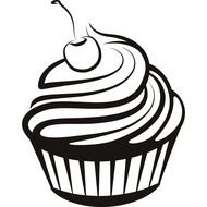 black and white drawing of a cupcake with a cherry