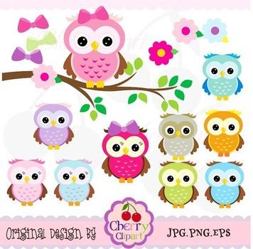 Girly Owl Cute Owls Digital Elements Set No