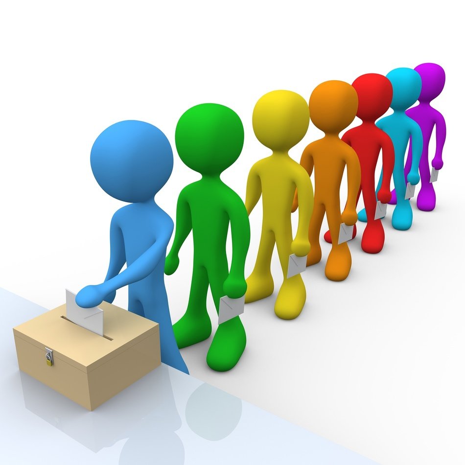voting, render, row of colorful persons with papers in queue in front of box