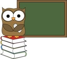 Owl on a stack of books in front of a blackboard