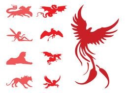 collage of red fairytale monsters