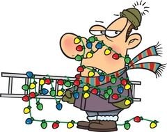 Christmas Lights winded around cartoon man with ladder