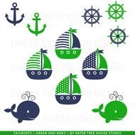 Clip Art Set Sailboats Anchors And Whales Green Navy 11