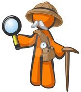 old man figure with a magnifying glass and a stick