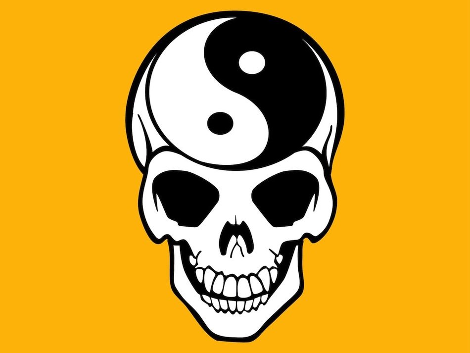 skull with a pattern of yin and yang on a yellow background