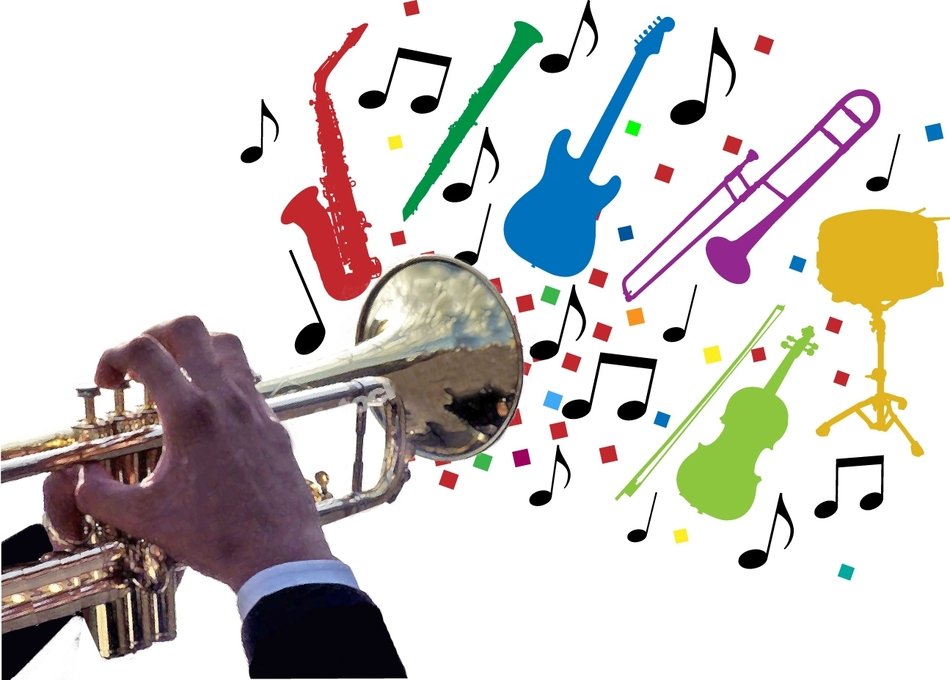 playing the trumpet and multi-colored musical sounds