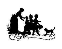 silhouette of a happy family with a dog in a book