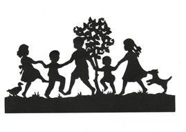 silhouettes of children with a dog near a tree