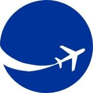 white silhouette of the plane in a blue circle