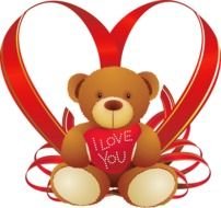 Love You, Teddy in front of heart form red ribbon