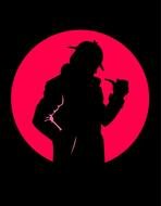 detective, black silhouette at red circle, drawing