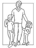 black and white drawing dad with children
