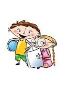 drawn boy with a ball and a girl with a book