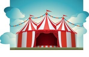 red and white striped tent on lawn, drawing