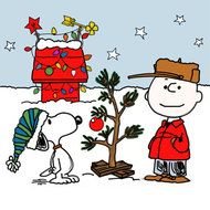Snoopy and boy celebrate Christmas