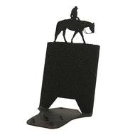 photo of a stand with a picture of a rider on a horse