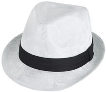 white hat with black ribbon