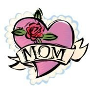 mom, banner on heart with rose, drawing