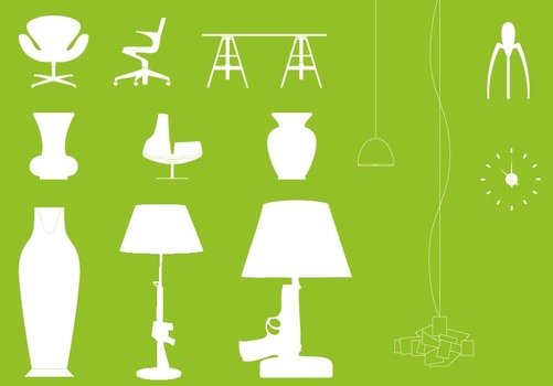 white drawings of household items on a green background