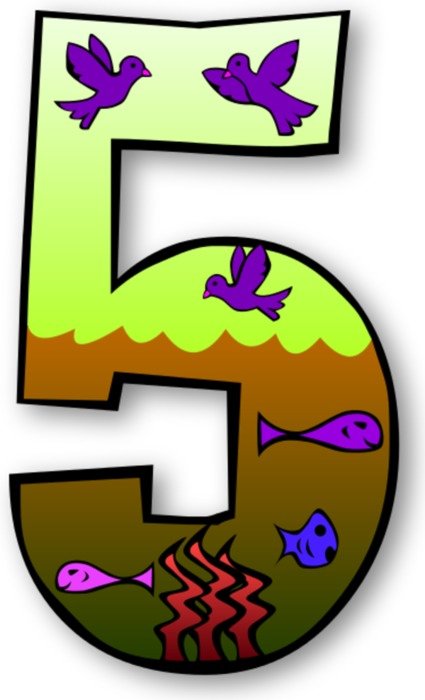 number 5 with image of fish and birds